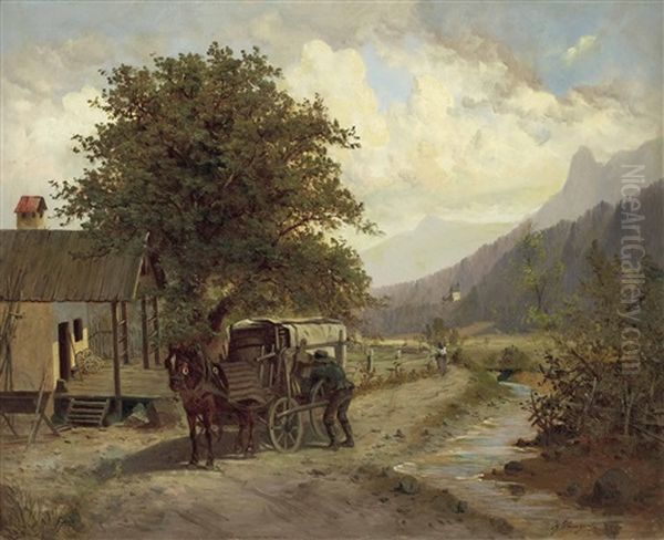 Rast Eines Planwagens Am Wegesrand Oil Painting by Ignaz Ellminger