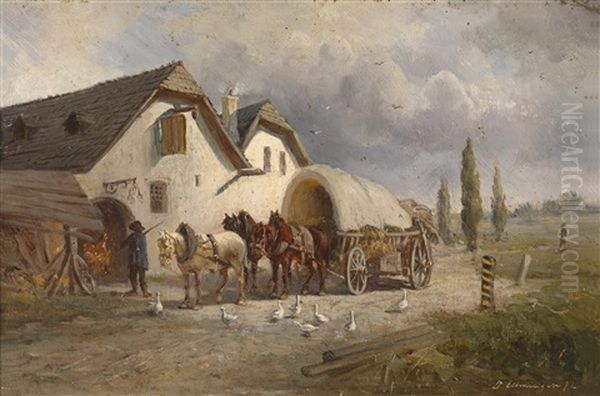 Fuhrwerk Vor Der Schmiede Oil Painting by Ignaz Ellminger