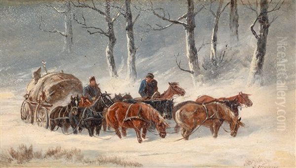 Pferdefuhrwerk In Winterlicher Landschaft Oil Painting by Ignaz Ellminger