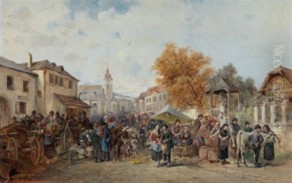 Bauernmarkt In Einem Niederosterreichischen Dorf Oil Painting by Ignaz Ellminger