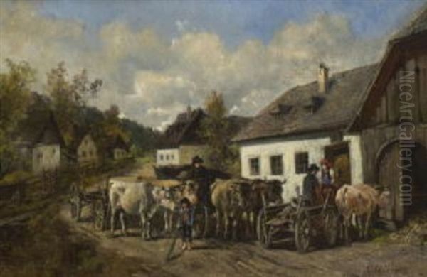 Begegnung Auf Der Dorfstrase Oil Painting by Ignaz Ellminger