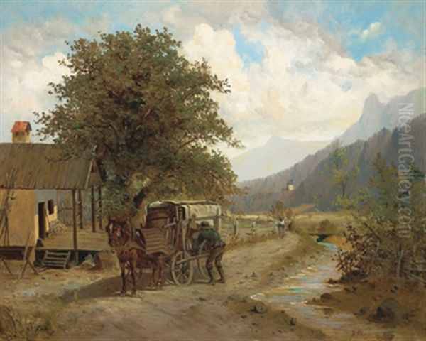 Pferdekarren Mit Bauer In Landlicher Umgebung Oil Painting by Ignaz Ellminger