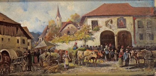 Reges Treiben Auf Der Dorfstrase Oil Painting by Ignaz Ellminger