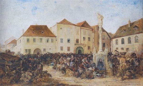 Markt Auf Dem Hauptplatz Von Krems Oil Painting by Ignaz Ellminger