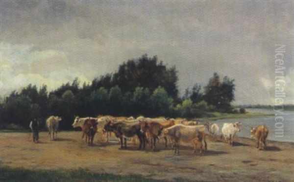 Kuhherde Am Flusufer Oil Painting by Ignaz Ellminger