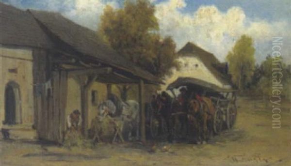 Bauernfuhrwerk Vor Einer Wirtschaft Oil Painting by Ignaz Ellminger