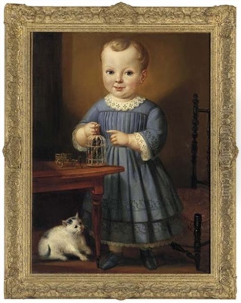 Portrait Of A Child With Bird And Cat Oil Painting by James Sanford Ellsworth