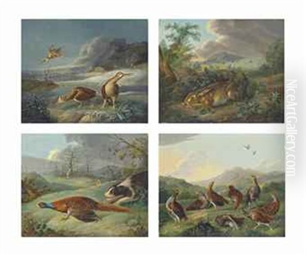 Woodcock On A Frosty Day, A Hare Taking Shelter, The Pheasant's Flight And A Covey Of Grey Partridge (set Of 4) Oil Painting by Stephen Elmer