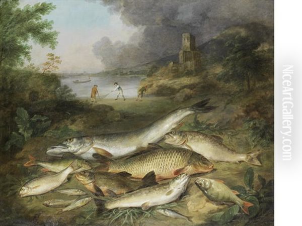 Pike, Trout, Carp, Perch And Other Fish On A River Bank Oil Painting by Stephen Elmer