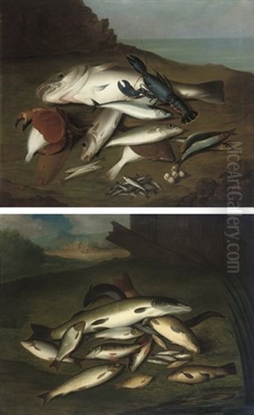 Trout, Salmon, Pike, Perch And Other Fish On A Bank (+ Cod, Mackerel, Herring, Sardines; Pair) Oil Painting by Stephen Elmer