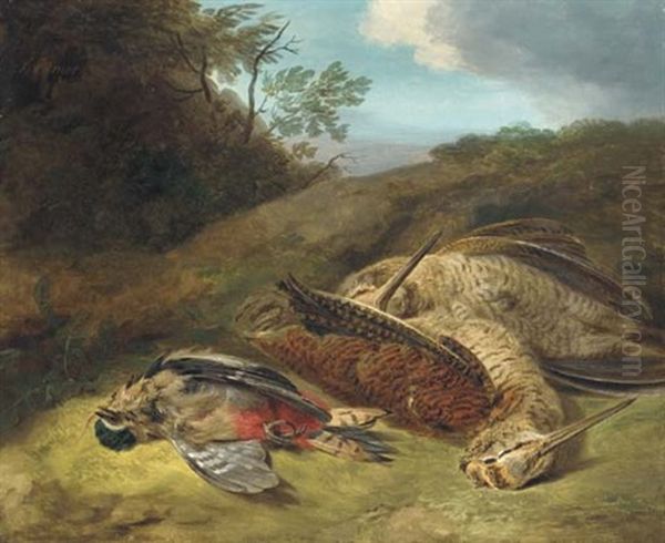 A Dead Woodcock And A Great Spotted Woodpecker In A Landscape Oil Painting by Stephen Elmer