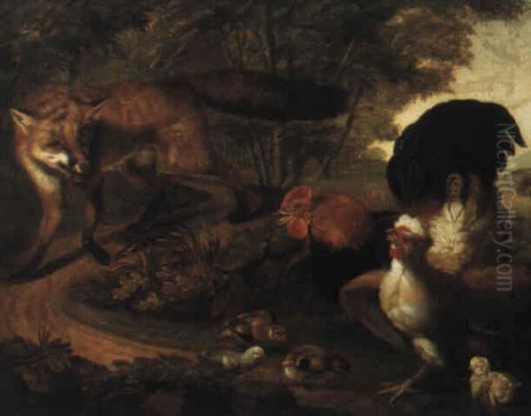 Fox And Chickens In A Landscape Oil Painting by Stephen Elmer