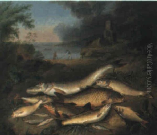 A Still Life Of Fish, With Fishermen In A Lake Landscape Beyond Oil Painting by Stephen Elmer