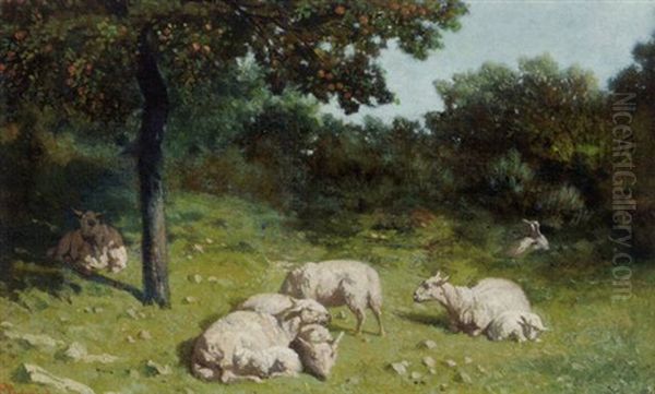 Sheep Resting Under The Apple Tree Oil Painting by Charles-Edouard Elmerich