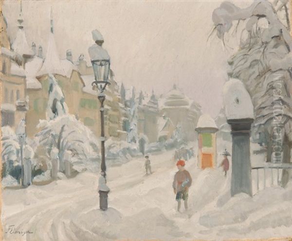 Auf Einer Verschneiten Strasse Oil Painting by Franz Jakob Elmiger