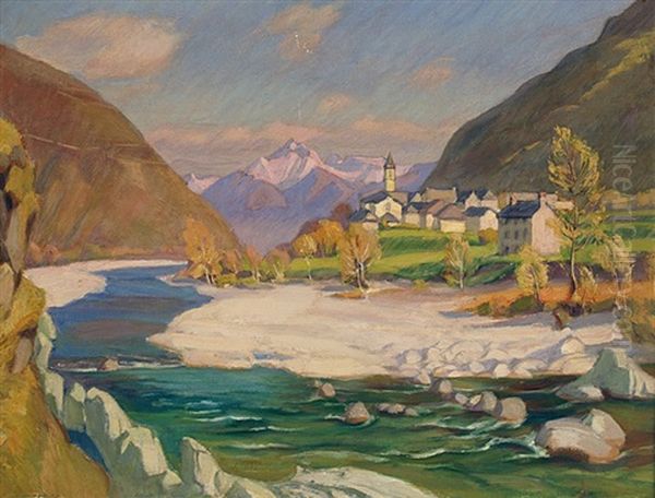 Valley In Southern Switzerland With A Church Oil Painting by Franz Jakob Elmiger