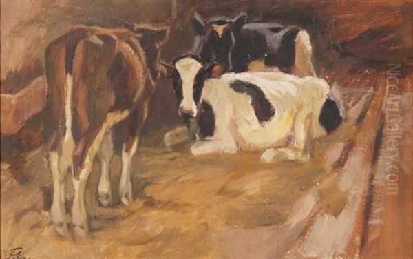 Kuhe Im Stall Oil Painting by Franz Jakob Elmiger