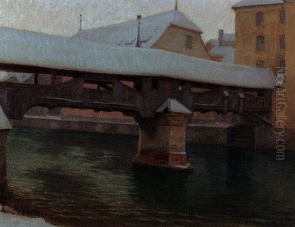 Die Spreuerbrucke Im Winter Oil Painting by Franz Jakob Elmiger