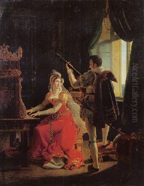 Marie-stuart Faisant De La Musique Avec David Rizzio Oil Painting by Alfred W. Elmore