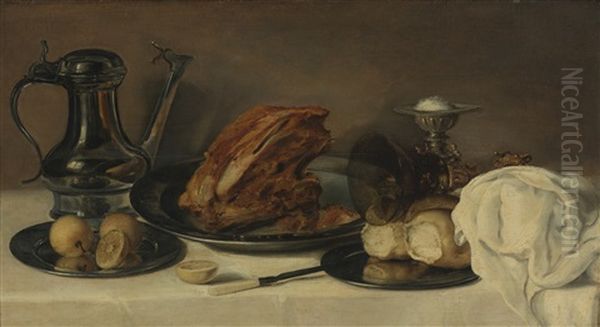 Still Life With A Pewter Jug, A Ham On A Pewter Plate, Lemons, Bread, A Gilt Mounted Roemer And Other Objects On Table Covered In A White Cloth Oil Painting by Franchoys Elout