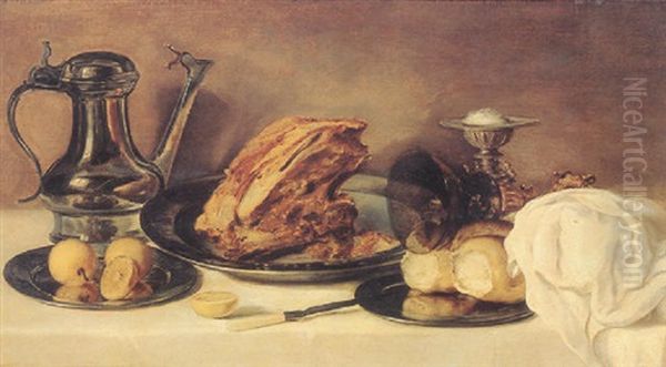 Still Life With A Pewter Jug, A Ham On A Pewter Plate, Lemons, Bread, A Gilt Mounted Roemer And A Salt On A Table Oil Painting by Franchoys Elout