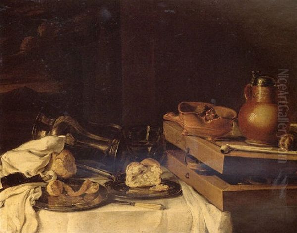 Still Life Of A Box Of Draughts, A Clay Brazier Of Burning Coals, An Earthenware Jug, A Clay Pipe, Bread And A Pewter Jug Oil Painting by Franchoys Elout