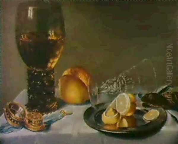 Fruhstuckstilleben Mit Einem Venezianischen Glas. Oil Painting by Franchoys Elout