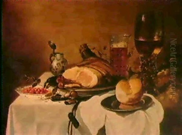 Nature Morte Au Jambon, Assiette De                         Framboise, Raisins Et Roemer Sur Un Entablement Oil Painting by Franchoys Elout