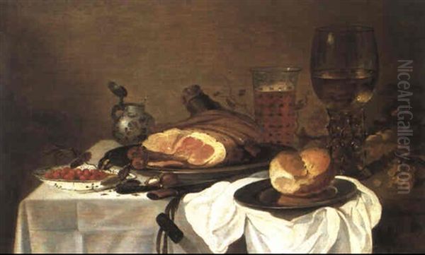 Nature Morte Au Plat De Jambon, Asiette De Framboises,      Raisins Et Roemer Sur Un Entablement Oil Painting by Franchoys Elout