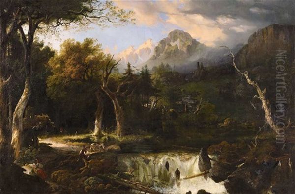 Wooded Landscape With Torrent Oil Painting by Friedrich August Elsasser