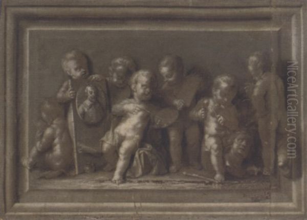 An Allegory Of Art: Putti Disporting With A Portrait Of The Artist Oil Painting by Louis Aernoutz Elsevier