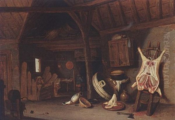 A Barn Interior With A Pig's Carcase Oil Painting by Louis Aernoutz Elsevier