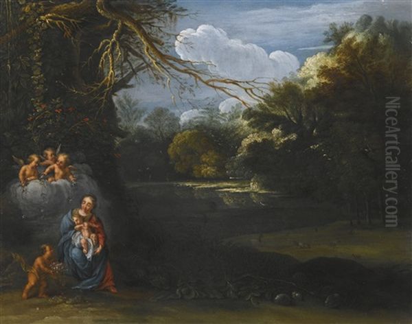 The Madonna And Child In A Landscape With Angels Oil Painting by Adam Elsheimer