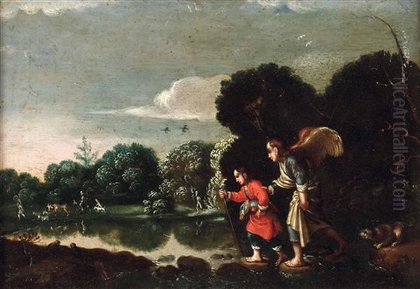 Der Hl. Erzengel Raphael Mit Tobias In Fluslandschaft Mit Personenstaffage (der Sogenannte Kleine Tobias) Oil Painting by Adam Elsheimer