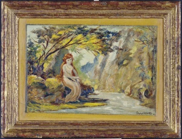 Red Haired Woman By A Stream Oil Painting by Louis Michel Elshemius