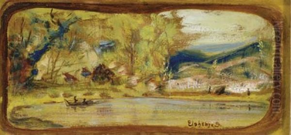 A Lake With Figures Fishing (dbl-sided) Oil Painting by Louis Michel Elshemius