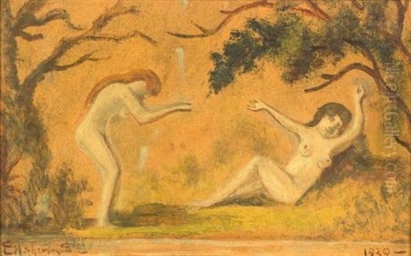 Two Nudes In A Landscape Oil Painting by Louis Michel Elshemius