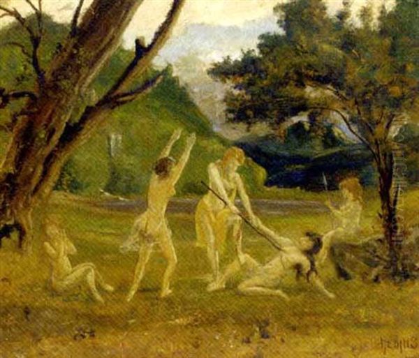 Female Warriors In A Landscape Oil Painting by Louis Michel Elshemius