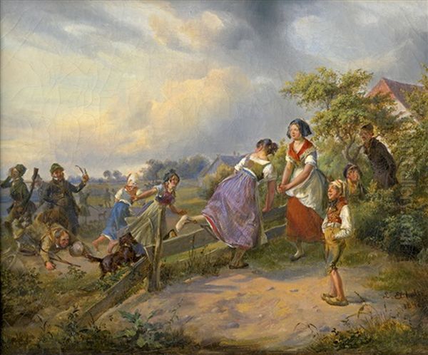 Die Verungluckte Jagd (dorfmadchen Bringen Sich Vor Einer Gruppe Sonntagsjager In Sicherheit) Oil Painting by Ludwig Elsholtz