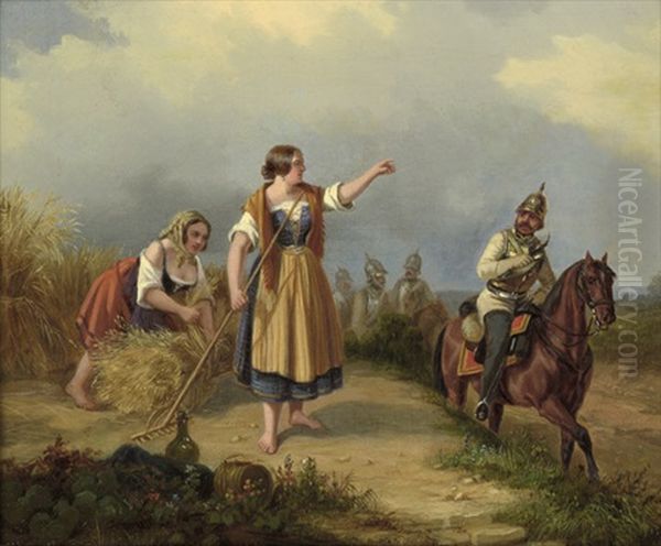 Landmadchen Bei Der Kornernte Von Einem Vorbeiziehenden Preussischen Kavalleristen In Der Arbeit Unterbrochen Oil Painting by Ludwig Elsholtz