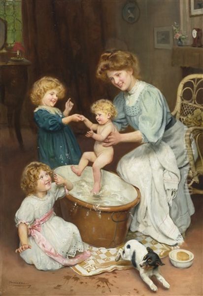 Baby's Bath Time Oil Painting by Arthur John Elsley