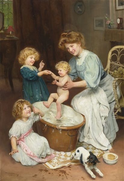 Baby's Bath Time Oil Painting by Arthur John Elsley