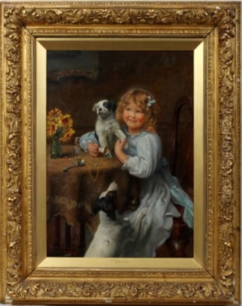 Little Girl With Puppies Oil Painting by Arthur John Elsley