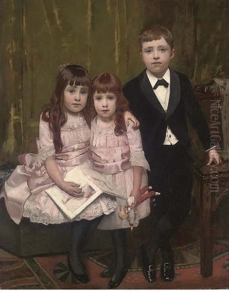 Portrait Of Three Children, The Boy In A Dinner Jacket, The Two Sisters In Matching Pink Dresses Oil Painting by Arthur John Elsley