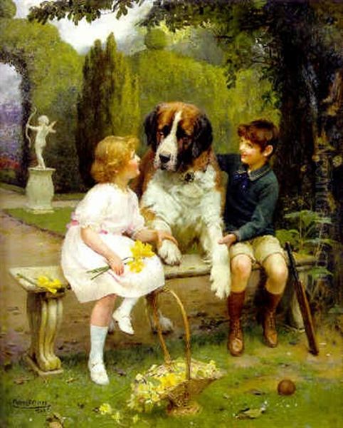 Children With A Saint Bernard Oil Painting by Arthur John Elsley