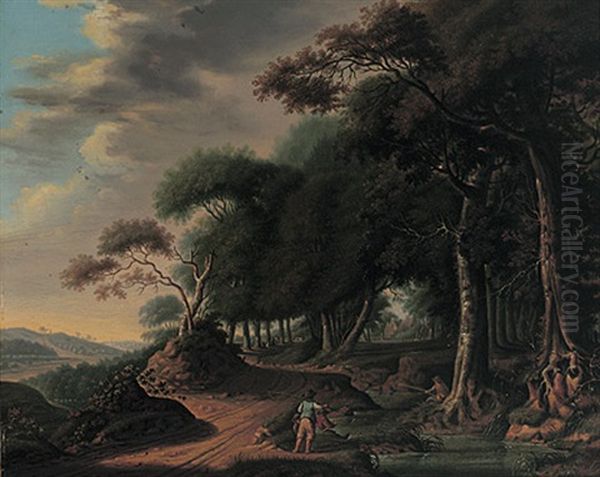 Waldlandschaft Mit Bachlauf Und Anglern Oil Painting by Derk Jan van Elten