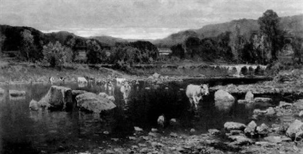 Cattle And Figures Fording A River Oil Painting by D. Jerome Elwell