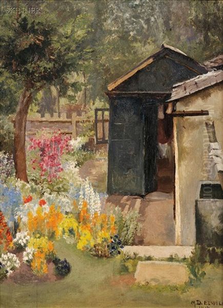 View Of A Summer Garden With Shed Oil Painting by Mary Dawson (Bishop) Elwell