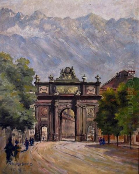 Stadtarchitektur Vor Bergmassiv Oil Painting by Walter Artus