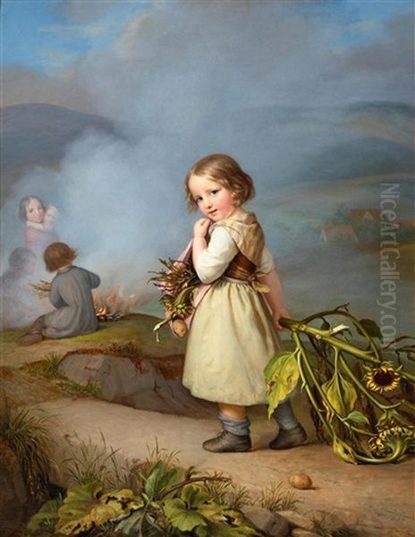 Girl On Her Way To Cooking Potatoes In The Fire Oil Painting by August von der Embde